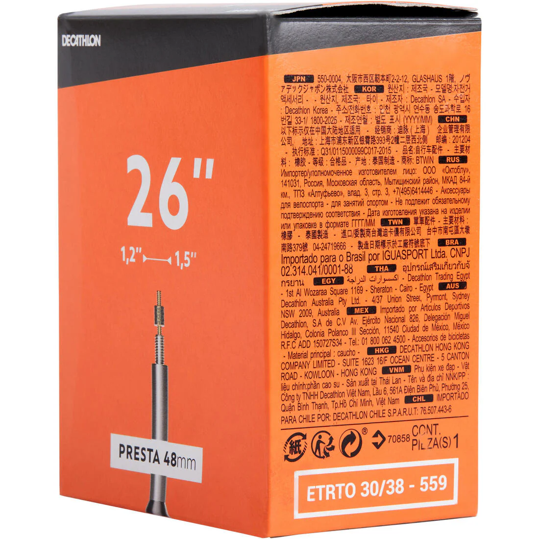 26x1.2/1.5 mm Presta Valve Inner Tube - 48 mm - Image 2