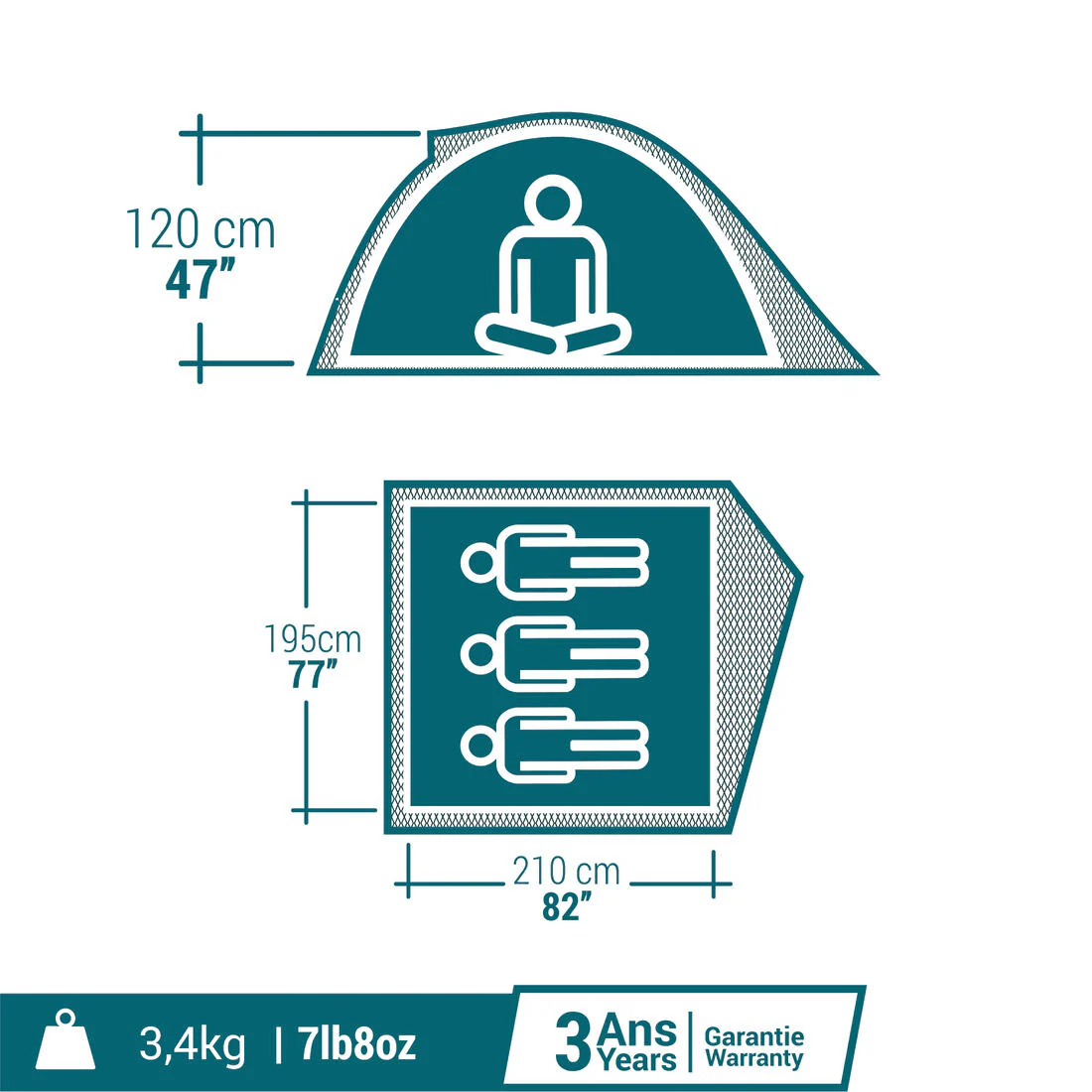 3-person camping tent - MH100 - Grey - Image 3