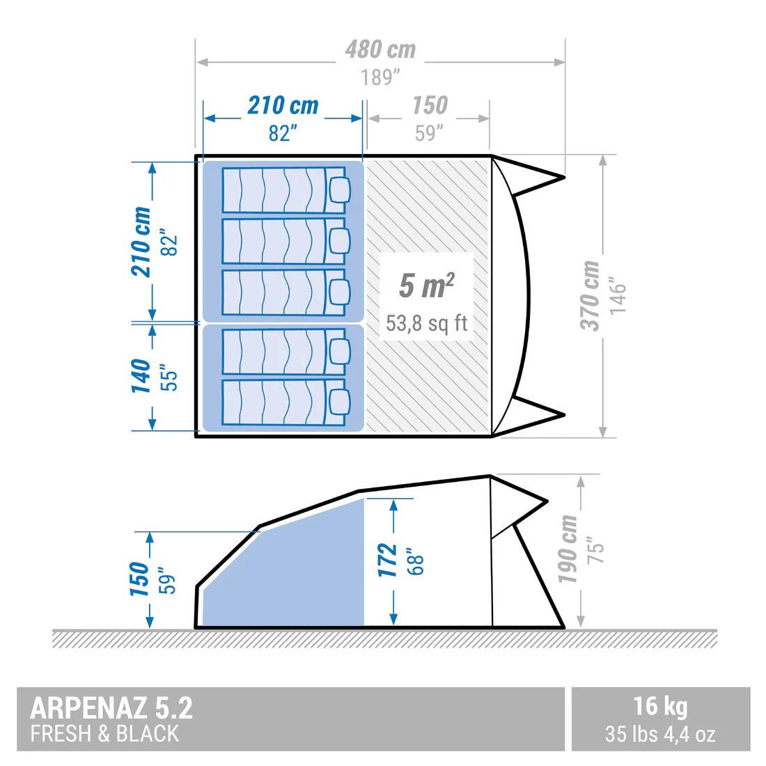 5-person, 2-bedroom camping tent, Arpenaz 5.2, Fresh & Black - Image 4