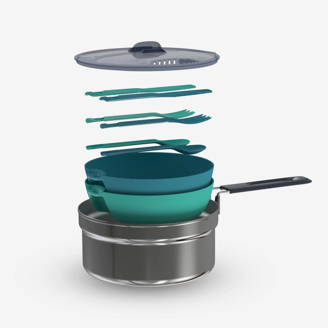 Camping and bivouacking cooking set in stainless steel 100 - 2 persons-10 items.