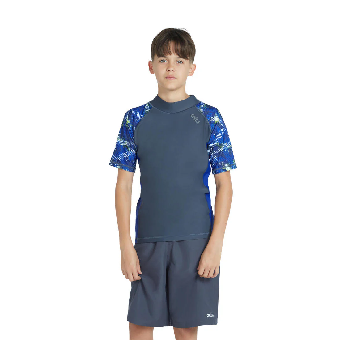 COEGA Boys UPF 50+ Short Sleeve Rashguard - Grey Blue Stripes