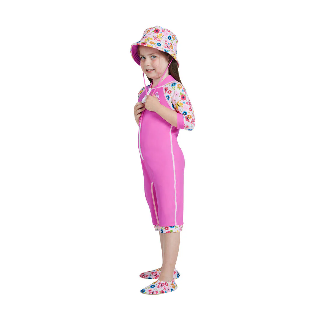 COEGA Girls 1pc Front Zipper Swimsuit Pink Rosey Flowers - UPF 50+ - Image 3
