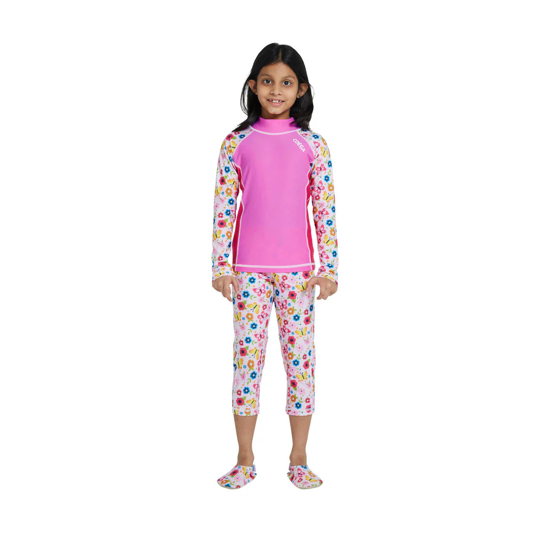 COEGA Girls Long Sleeve AOP Rashguard UPF 50+- Pink Rosey Flowers