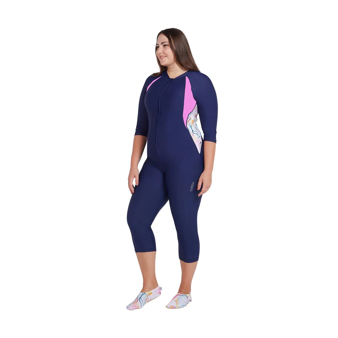 COEGA Ladies 3/4 Slim-Kini One Piece Blue Pink Marble - UPF 50+ Protection - Image 2