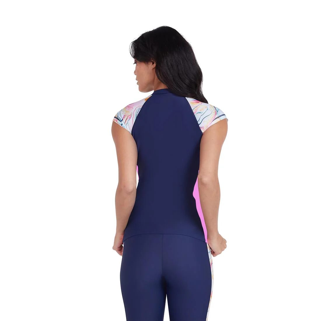 COEGA Ladies UPF 50+ Cap Sleeve Zip Rashguard - Blue Pink Marble - Image 2