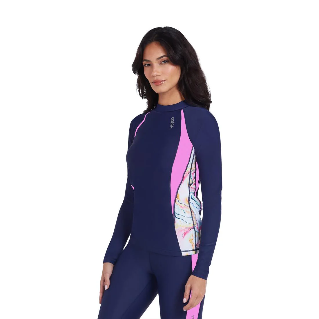 COEGA Ladies UPF 50+ Long Sleeve Diagonal Rashguard - Blue Pink Marble - Image 2