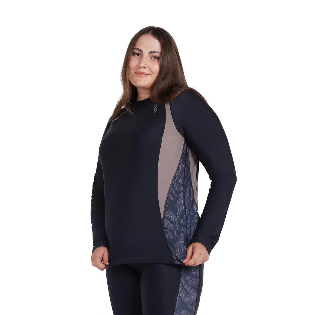 COEGA Ladies UPF 50+ Long Sleeve Diagonal Rashguard - Nero Silver Tropical - Image 3