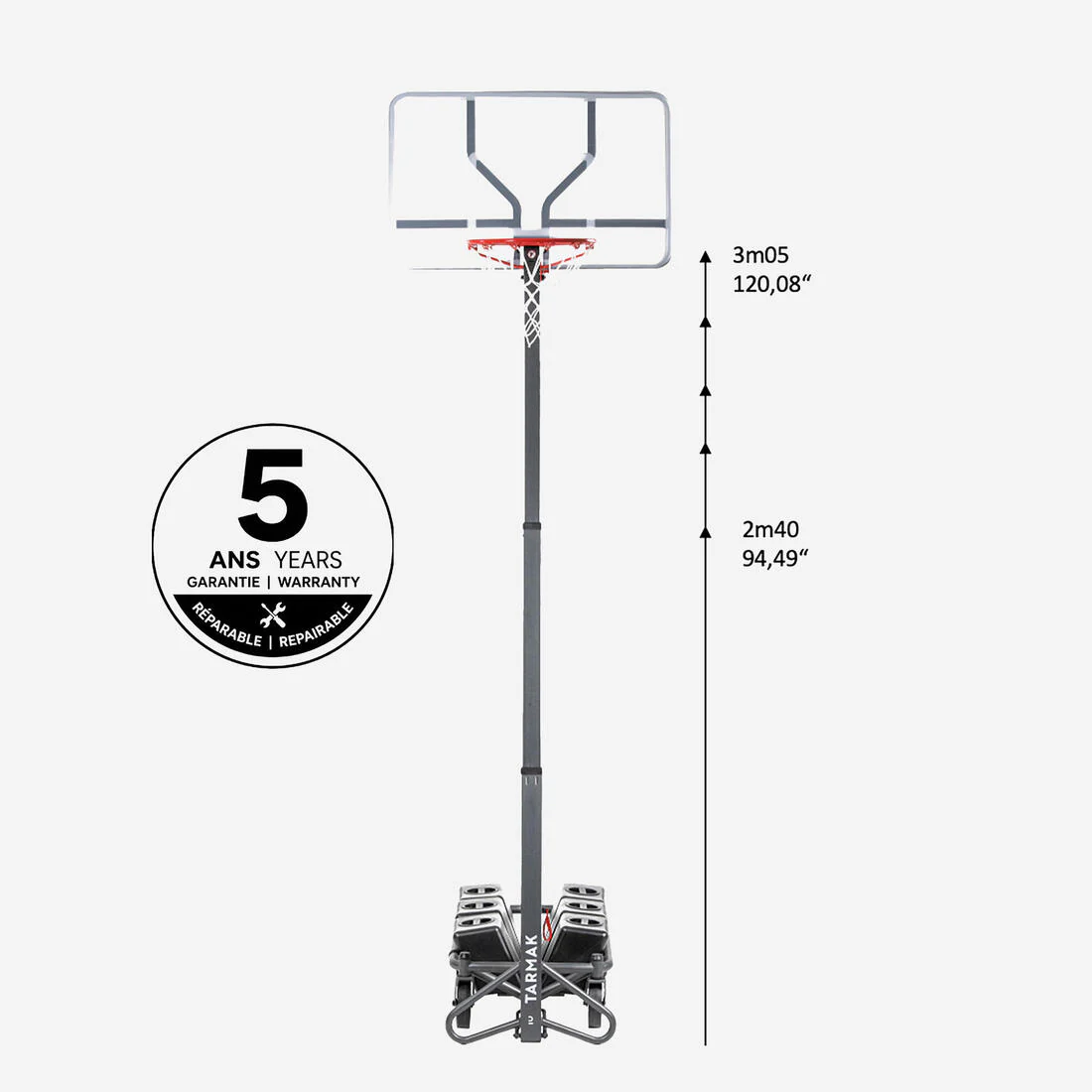 Foldable Basketball Hoop with Base & Transparent Backboard, 2.4–3.05 m, B500 Box - Image 3
