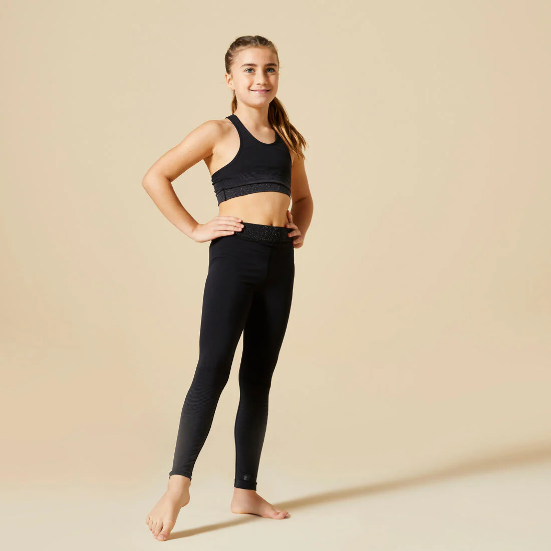 Girls' Gym Glittery Waistband Leggings Seamless 580 - Black/Pink - Image 2