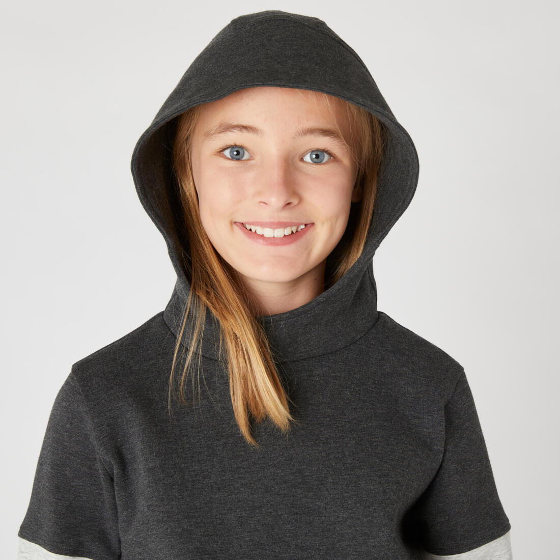 Kids' Breathable Cotton Hoodie 500 - Heathered Light Grey/Black - Image 3