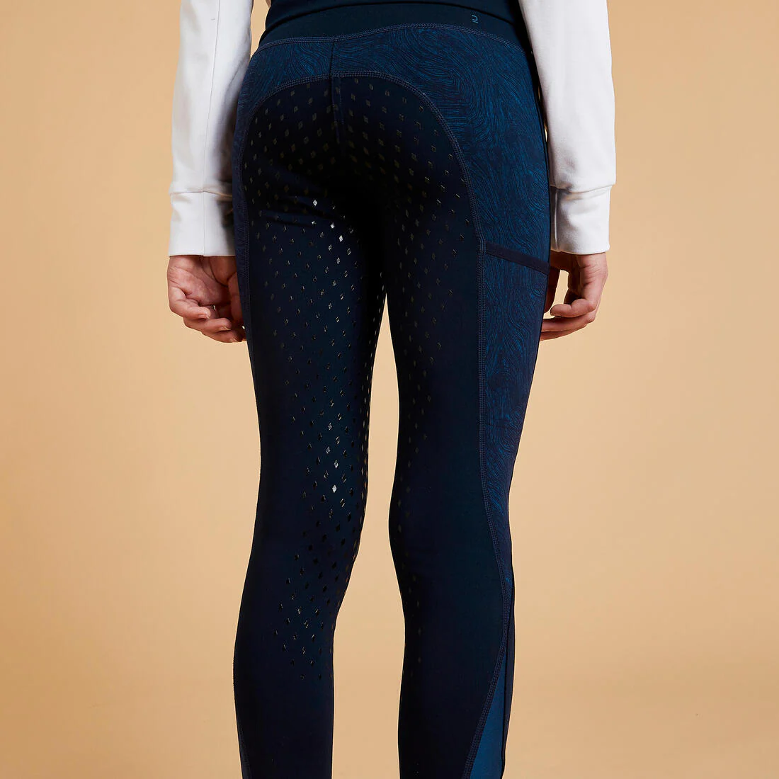 Kids' Horse Riding Leggings Fullgrip 500 - Navy Print - Image 3