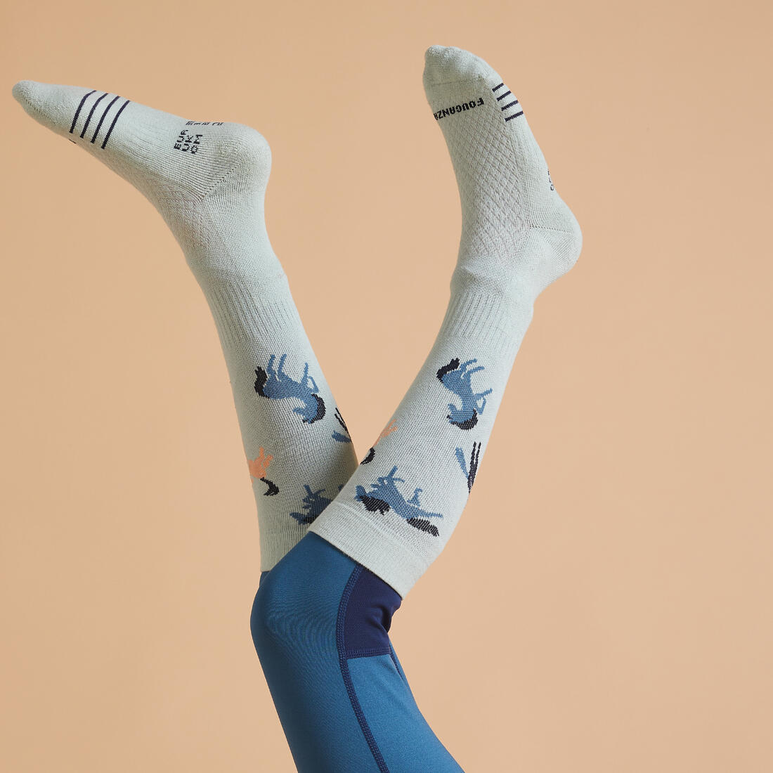Kids' Horse Riding Socks SKS 500 Twin-Pack - Navy/Pink Pony Print - Image 6
