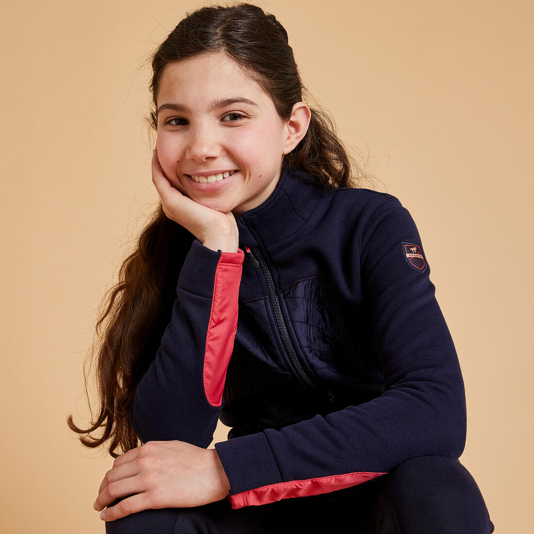 Kids' Mixed Media Horse Riding Zip Sweatshirt 500 - Navy/Pink - Image 3