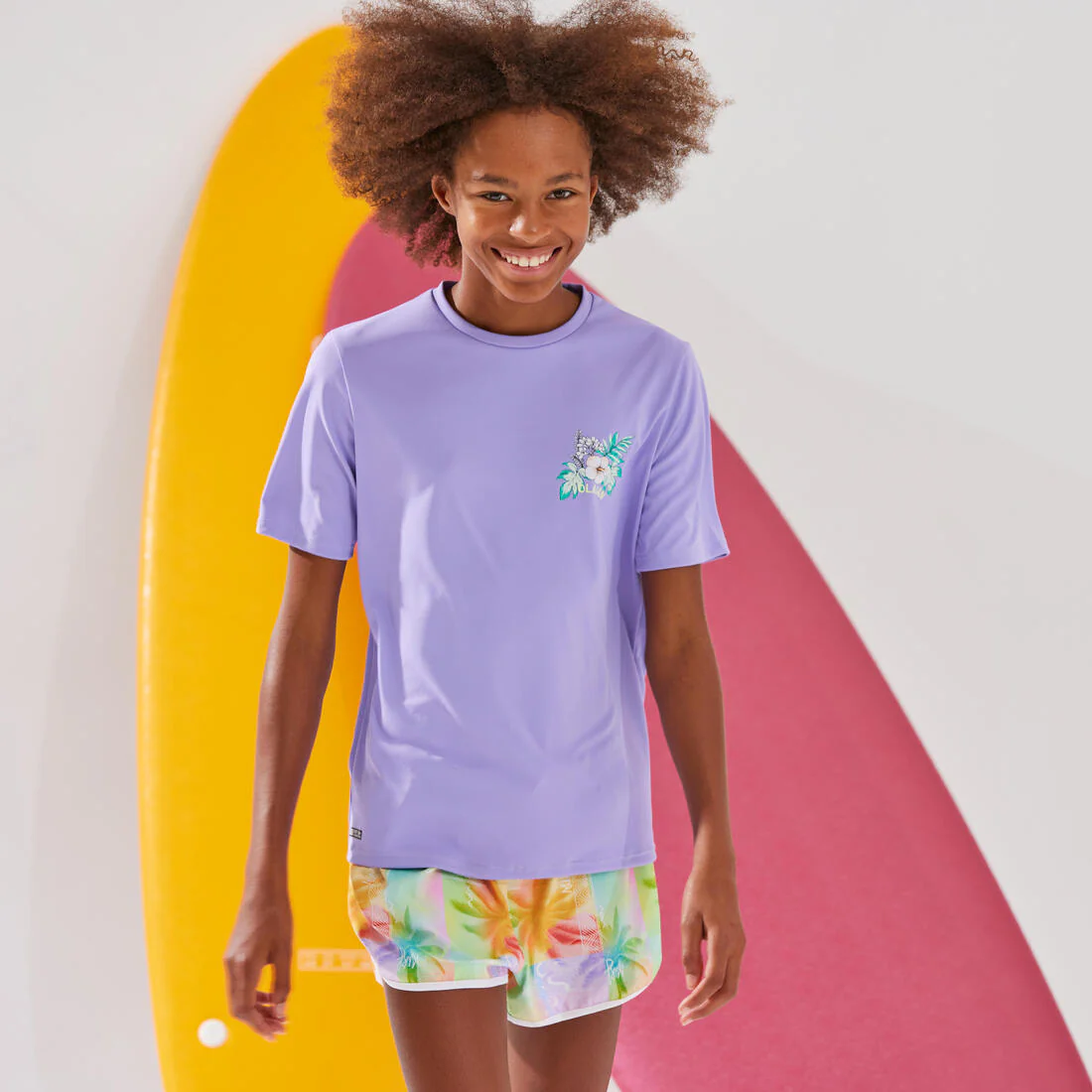 Kids’ short sleeve UV-protection surf t-shirt - 100 white black skate