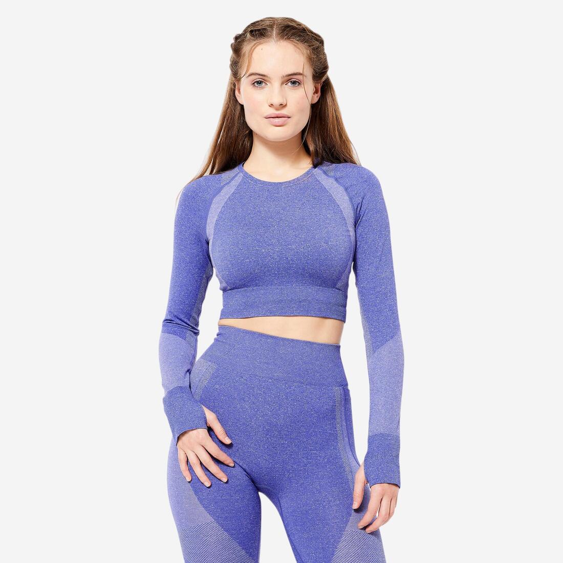 Long-Sleeved Cropped Seamless Fitness T-Shirt - Blue