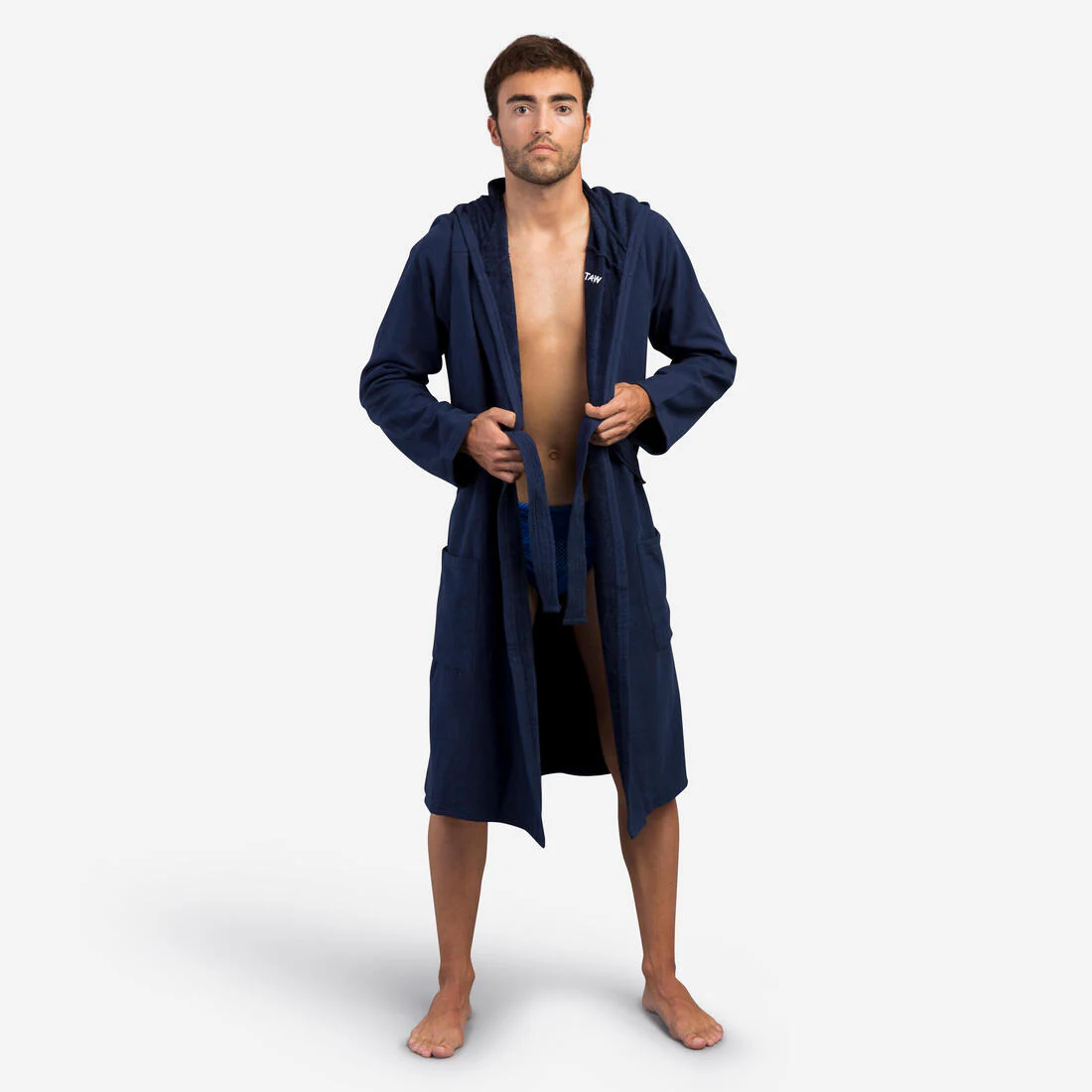 Men’s cotton compact hooded bathrobe in navy blue