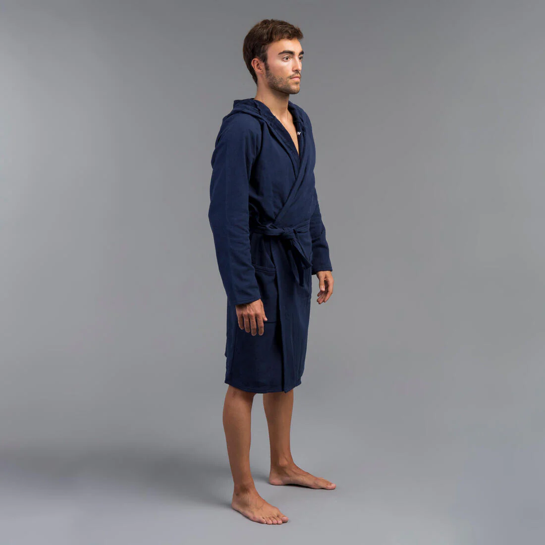 Men’s cotton compact hooded bathrobe in navy blue - Image 6