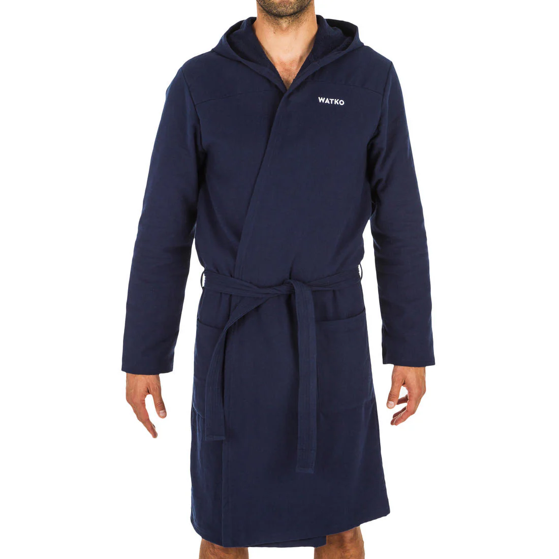 Men’s cotton compact hooded bathrobe in navy blue - Image 7