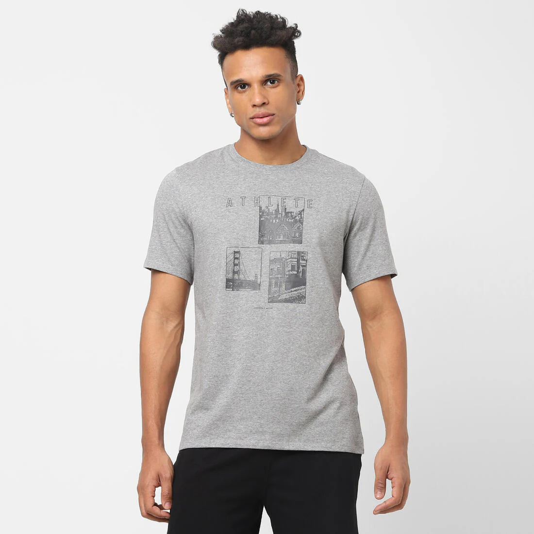 Men's Short-Sleeved Straight-Cut Crew Neck Cotton Fitness T-Shirt 500