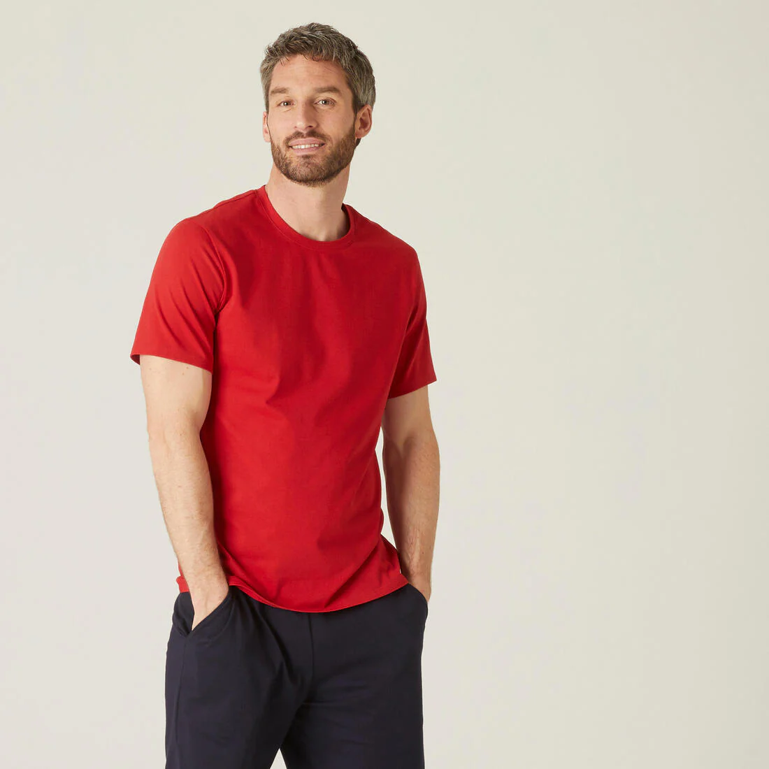 Men's Short-Sleeved Straight-Cut Crew Neck Cotton Fitness T-Shirt 500 Garnet - Image 25