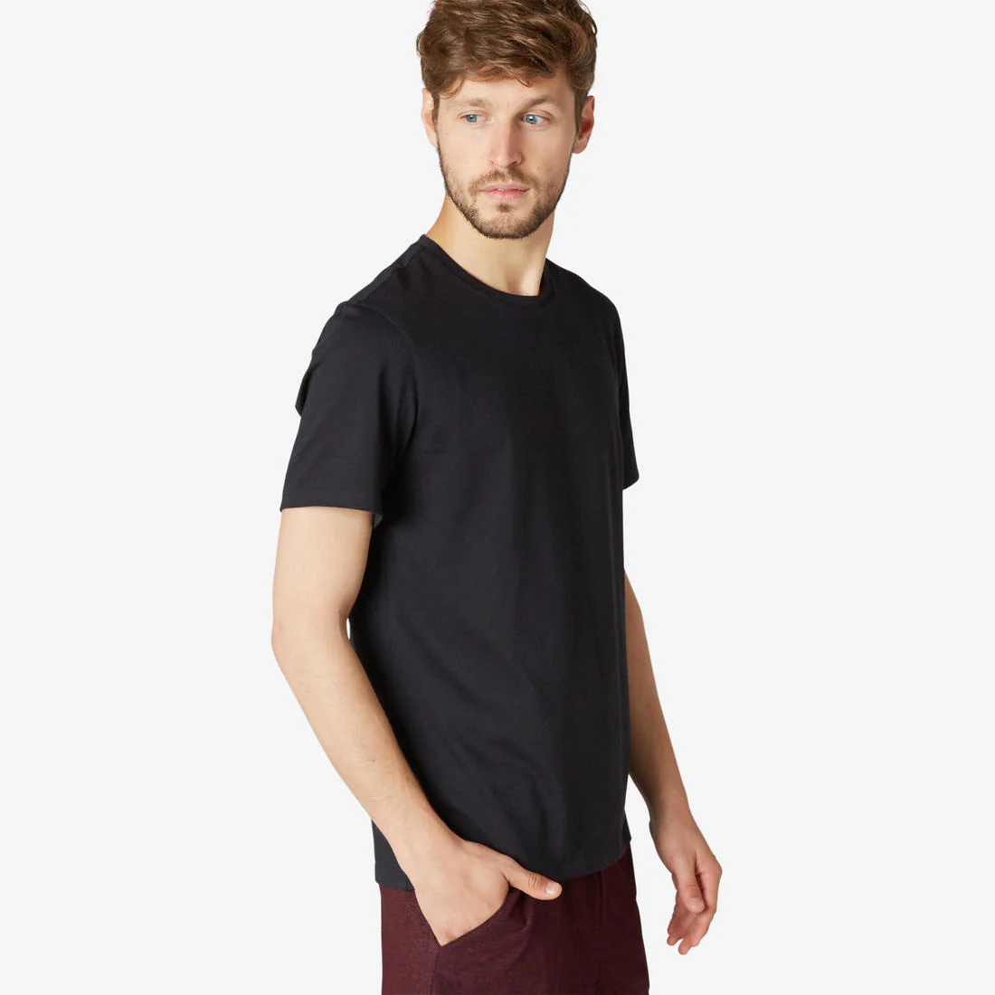 Men's Short-Sleeved Straight-Cut Crew Neck Cotton Fitness T-Shirt 500 Garnet - Image 58