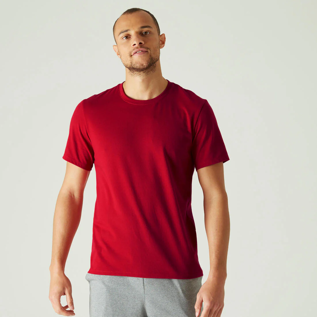 Men's Short-Sleeved Straight-Cut Crew Neck Cotton Fitness T-Shirt 500 Garnet - Image 69