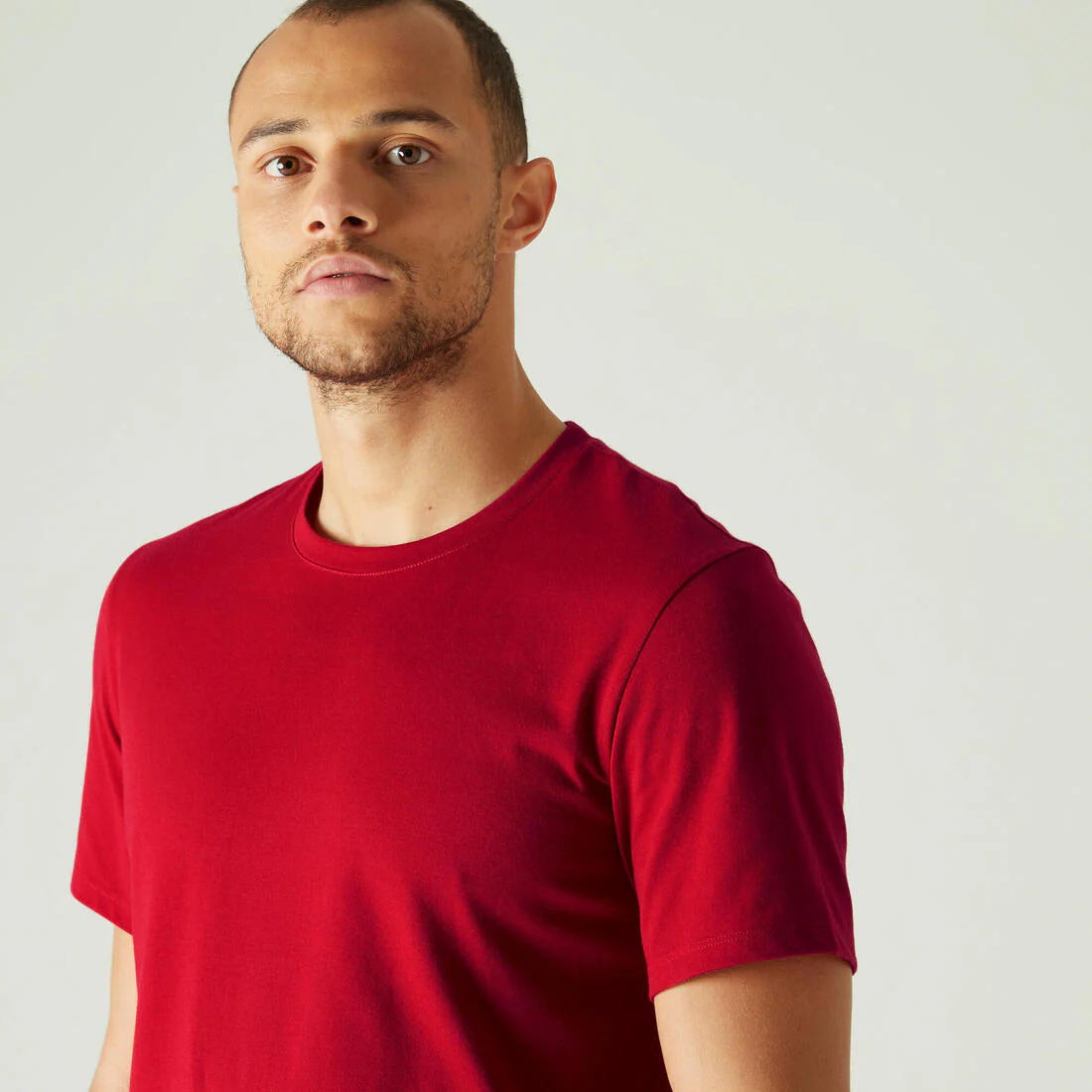 Men's Short-Sleeved Straight-Cut Crew Neck Cotton Fitness T-Shirt 500 Garnet - Image 74
