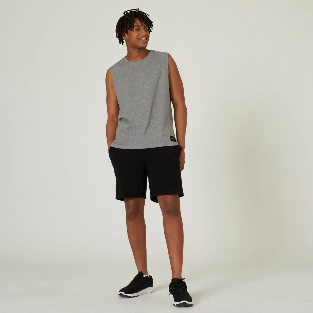 Men's Straight-Cut Crew Neck Stretchy Cotton Fitness Tank Top 500 Cosmeto - Mottled Grey - Image 3