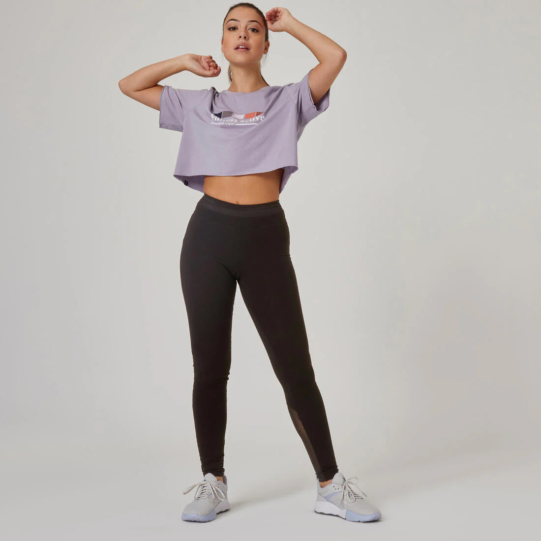 Stretchy High-Waisted Cotton Fitness Leggings with Mesh - Black - Image 3