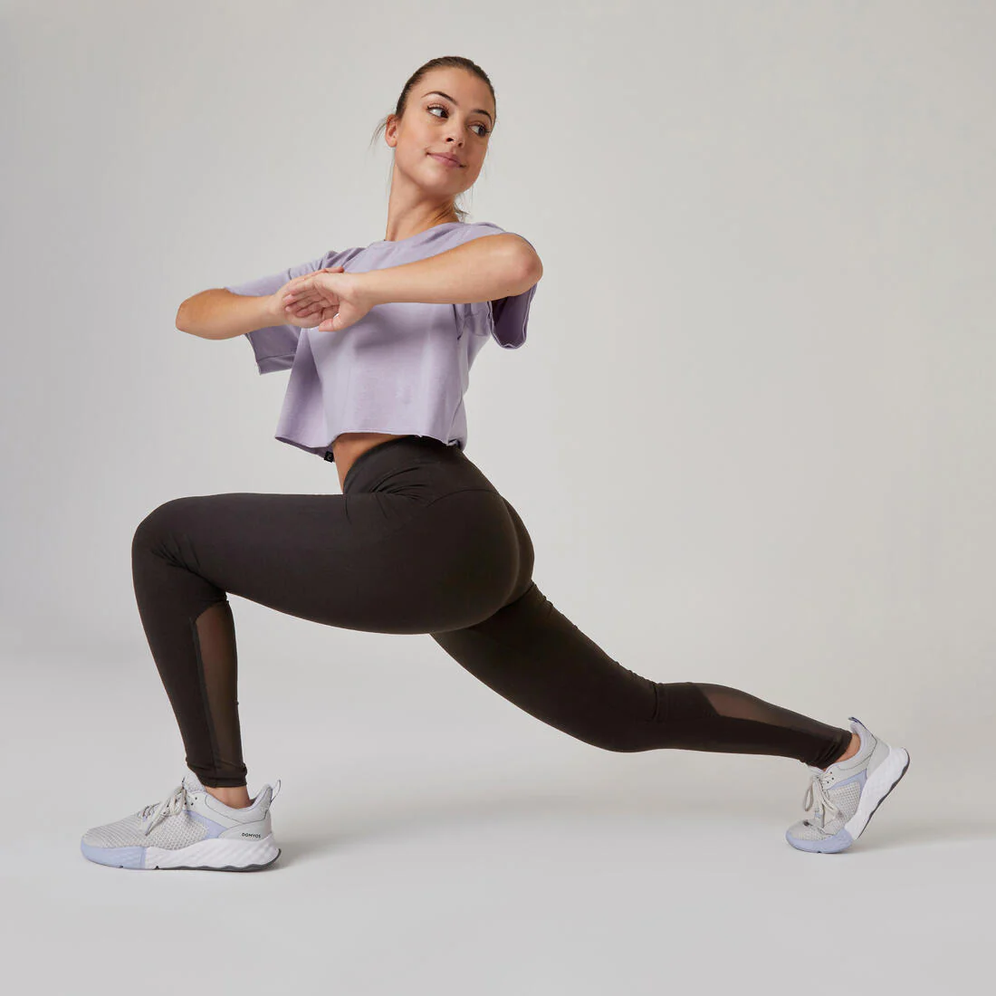 Stretchy High-Waisted Cotton Fitness Leggings with Mesh - Black - Image 4