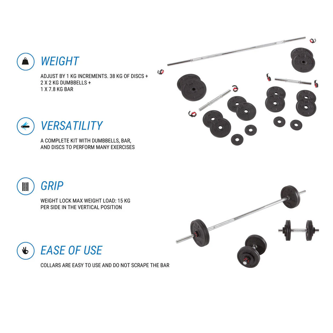 Weight Training 50 kg 80% Recycled Cast Iron Dumbbells and Bar Set - Image 10