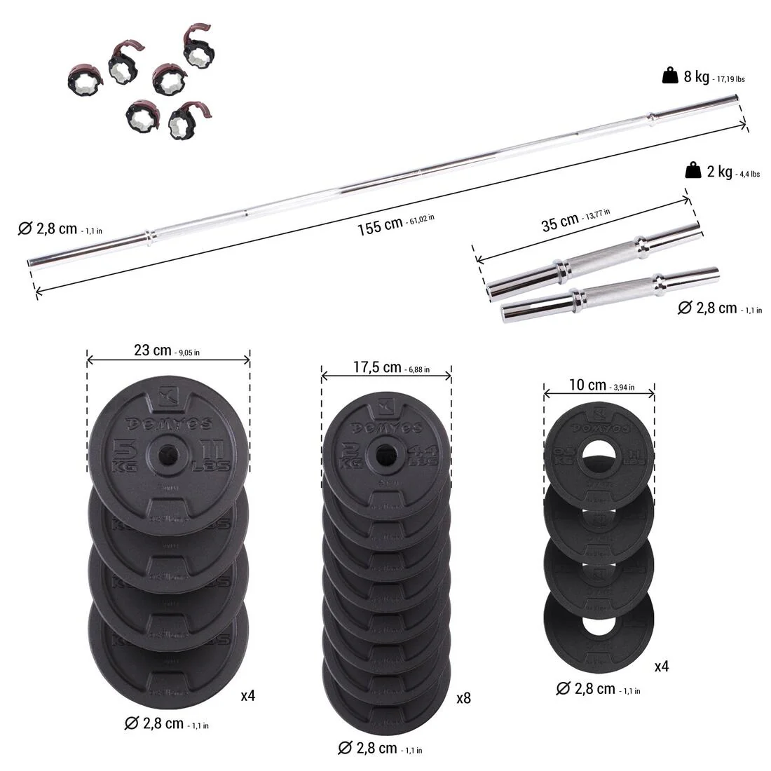 Weight Training 50 kg 80% Recycled Cast Iron Dumbbells and Bar Set - Image 3