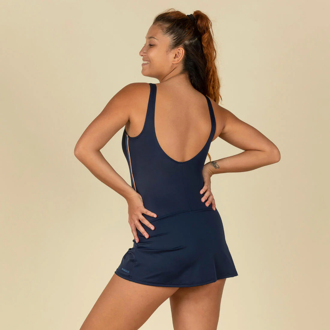 Women’s Heva 1-piece swimsuit with skirt navy stripes - Image 2