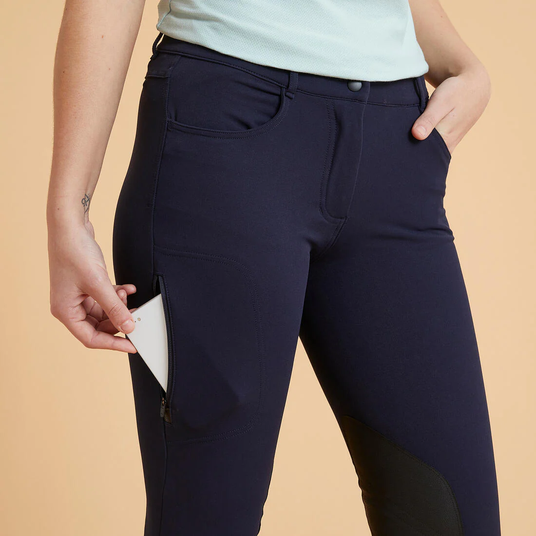 Women's Horse Riding Grippy Suede Patch Jodhpurs 500 - Navy - Image 4