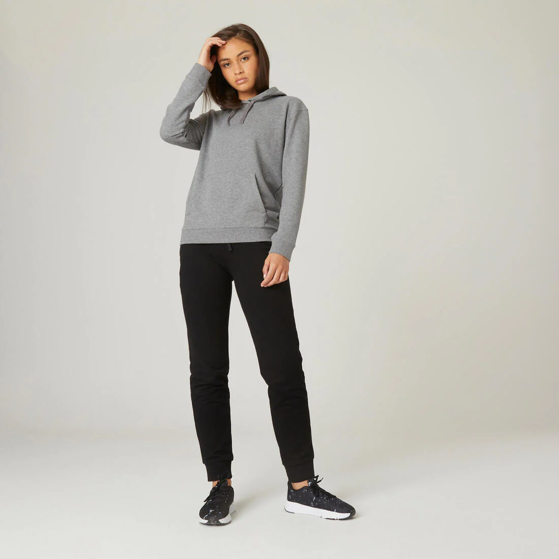 Women's Straight-Cut Cotton Jogging Fitness Bottoms With Pocket 500 - Black - Image 3
